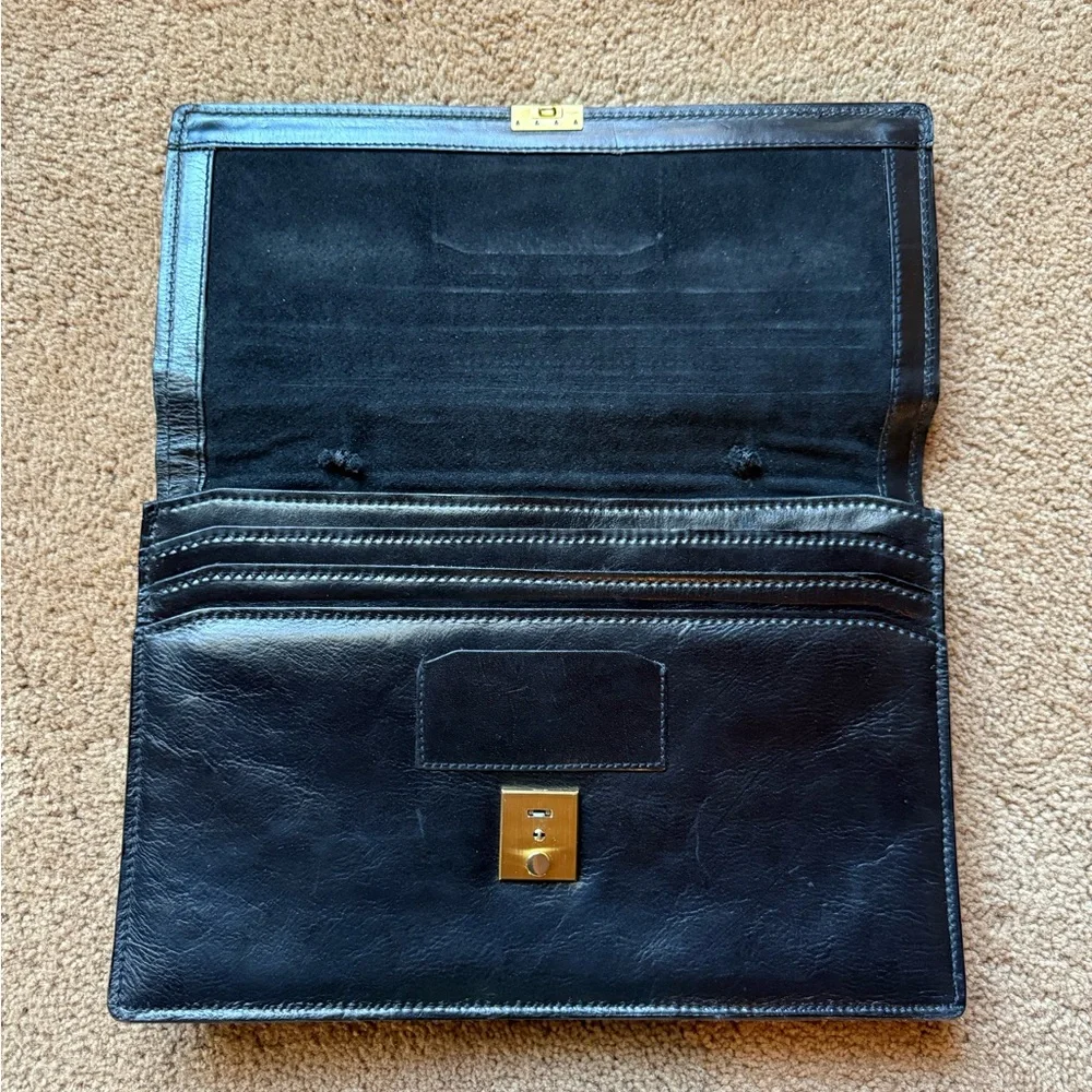 Vintage Frank Saliba Black Leather Briefcase with Gold Hardware